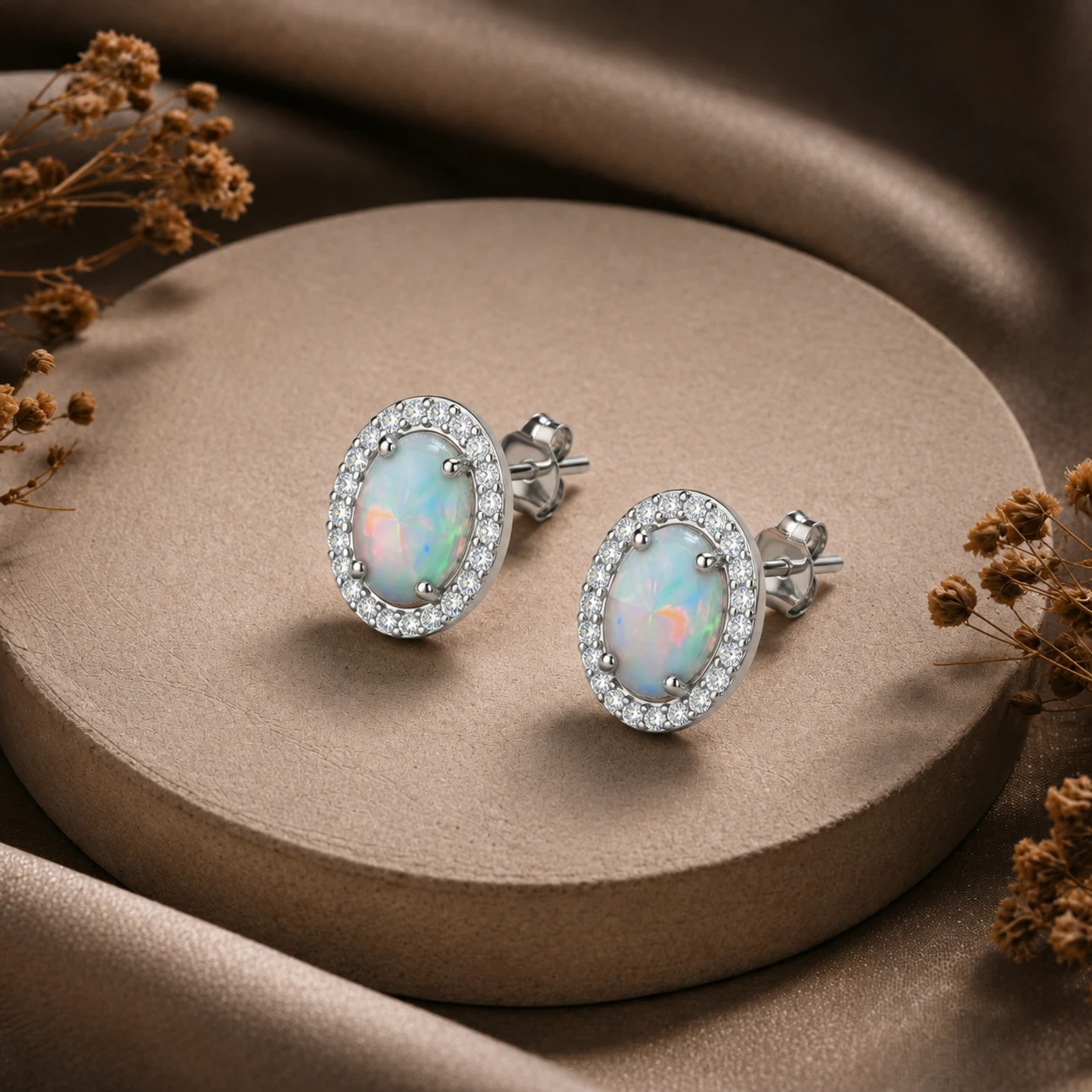 oval opal studs earrings ringed by a diamond halo