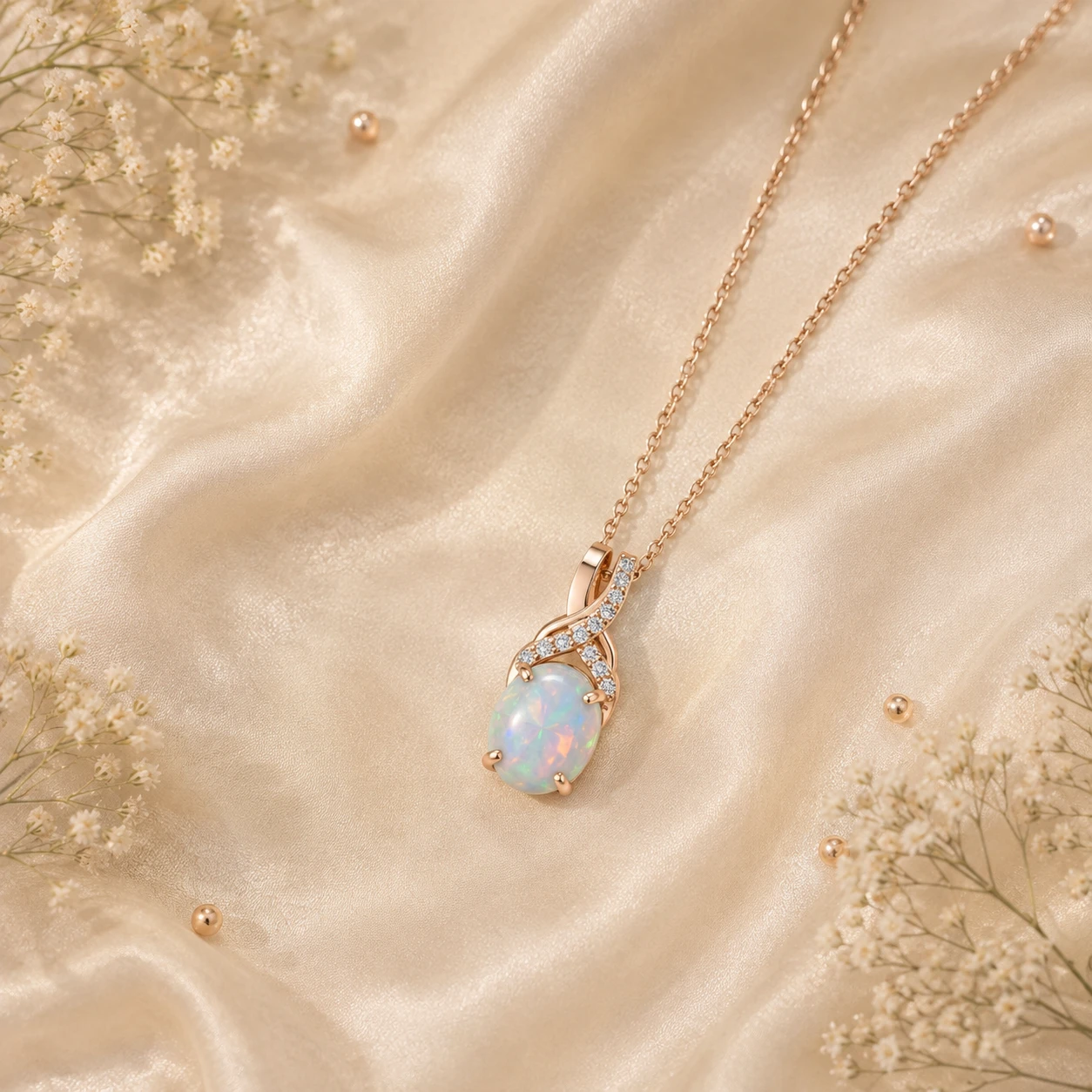 Oval opal solitaire charm pendant necklace with twisted bail design and small diamond stones in rose gold plating