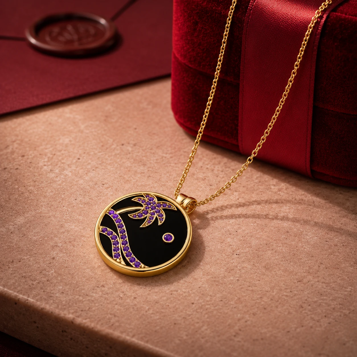 Purple amethyst gemstone palm tree and ocean waves set on a black enamel gold-plated disc pendant