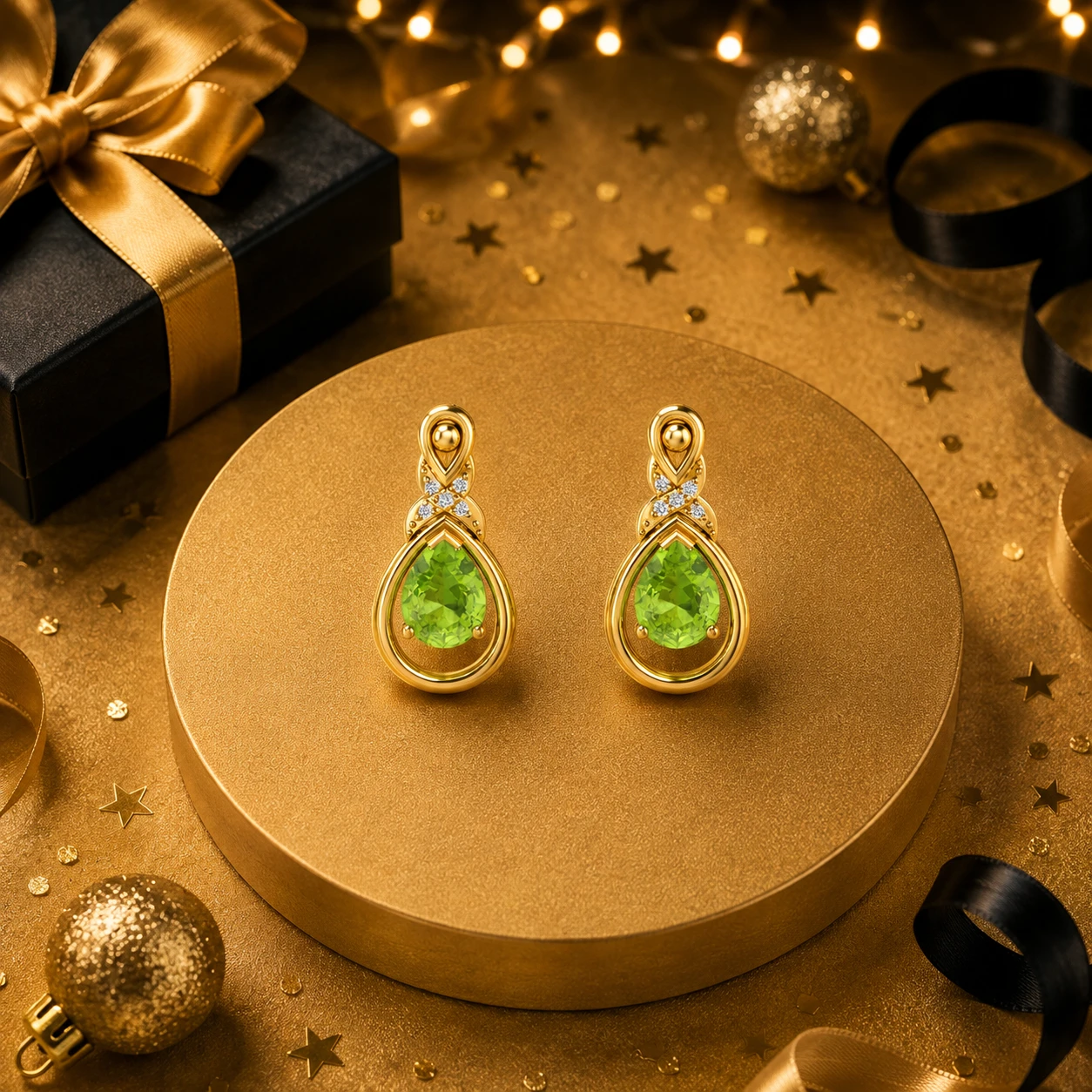 Pear cut peridot nested in gold plated teardrop frames below a crossover infinity loop paved with tiny diamonds