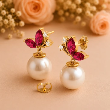 Gold Plated Ruby Freshwater Pearl Drop Earrings