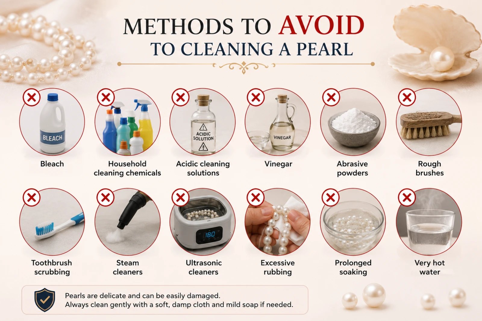 Pearl jewelry with cleaning methods that can damage pearls
