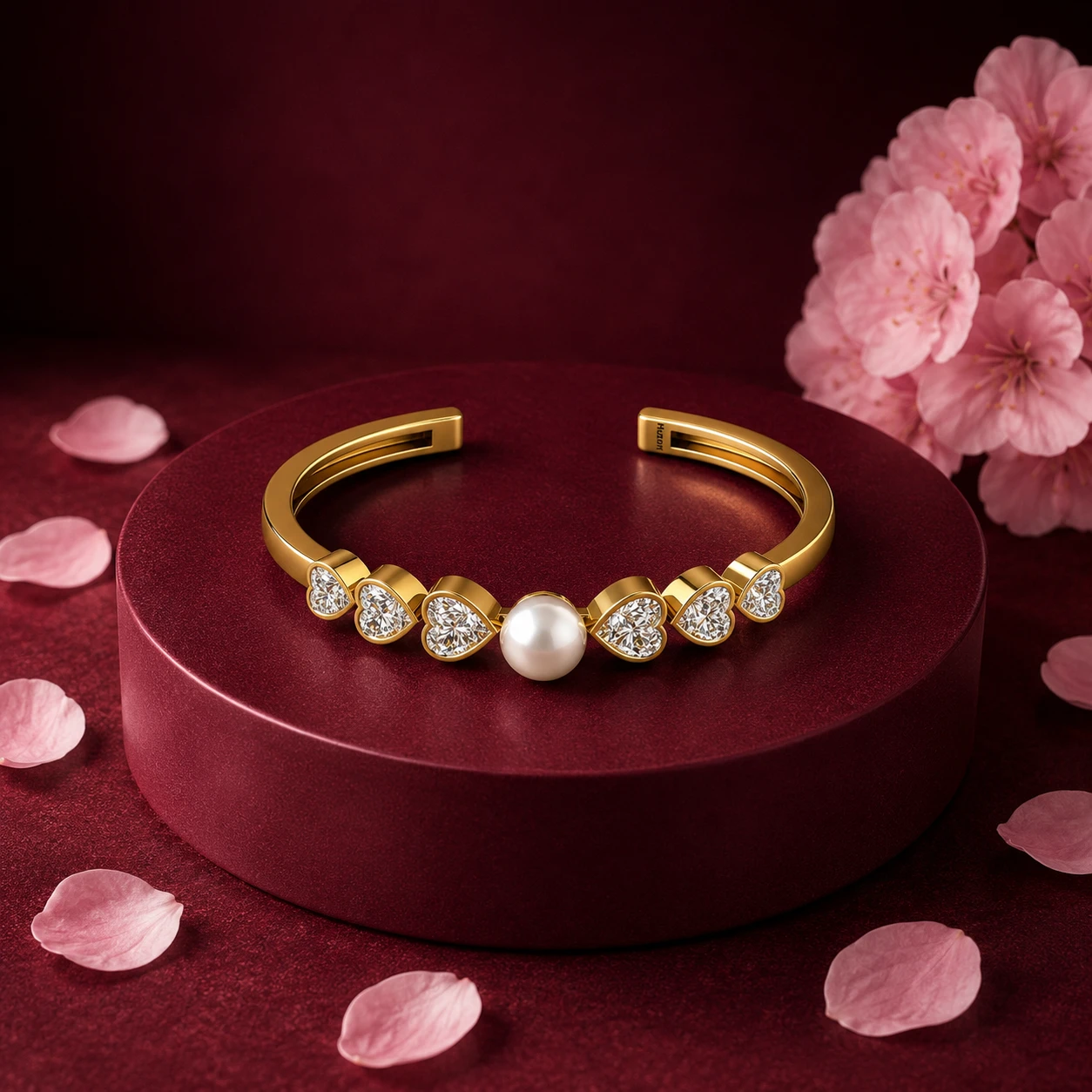 Flexible open bypass gold-plated cuff bracelet adorned with a white freshwater pearl and heart cut diamond clusters
