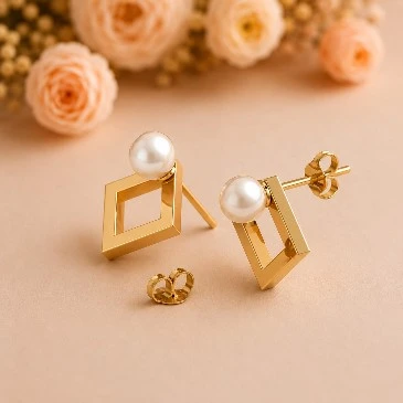 Freshwater Pearl Square Gold Plated Stud Earrings