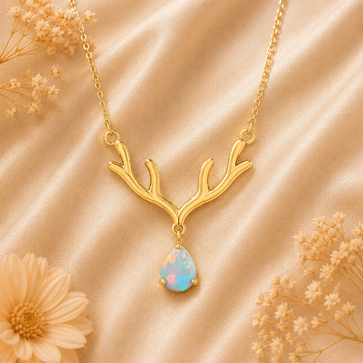 Deer-antler-shaped pendant featuring a teardrop-cut white opal set in gold plating