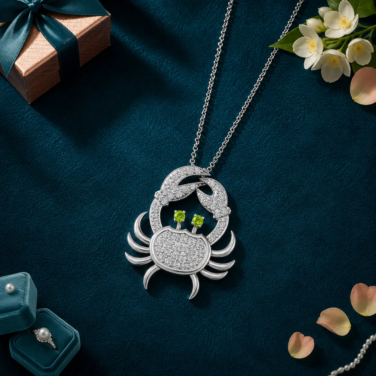 Peridot and diamond crab pendant designed in polished sterling silver