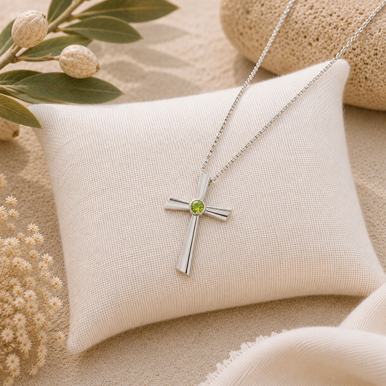 Christian cross silver necklace featuring a lime-green peridot center stone set in a bezel setting.
