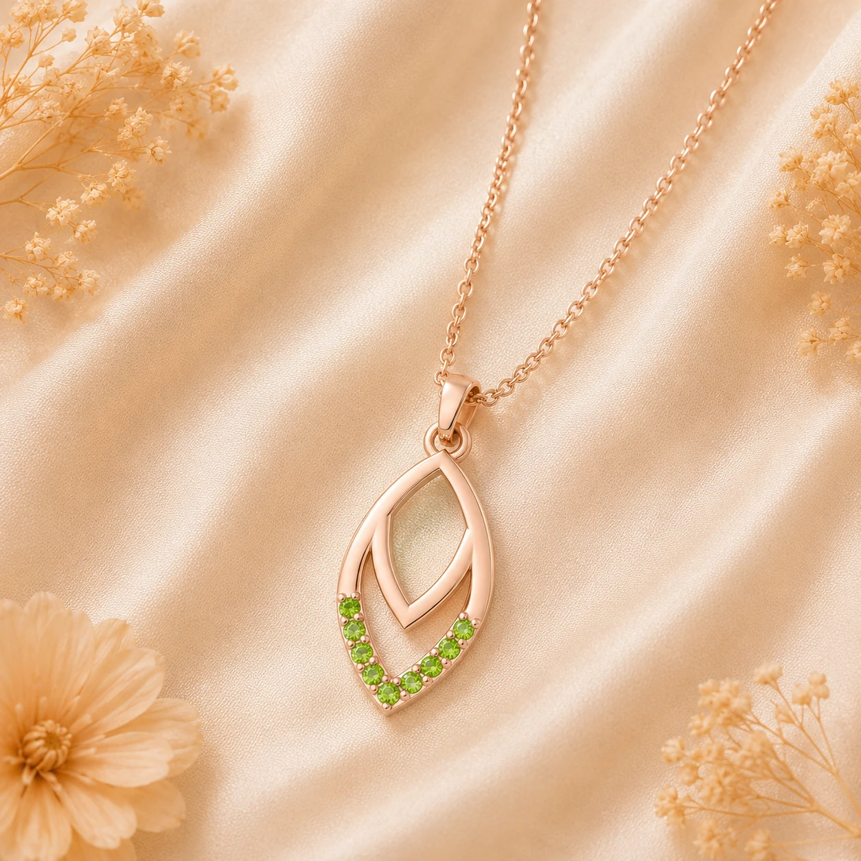 Nature inspired rose gold plated leaf skeleton branch pendant showing an olive green peridot