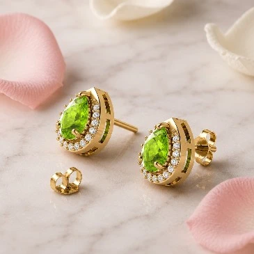 Pear Peridot Gold Halo Stud Earrings