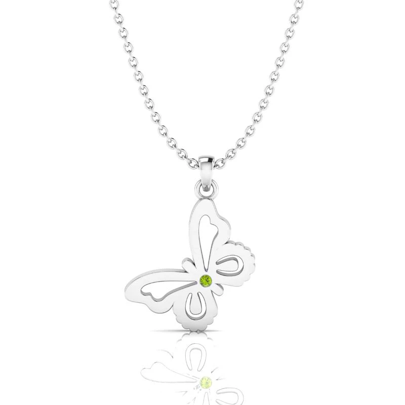 Sterling silver butterfly charm pendant necklace set with a round green peridot gemstone in the center