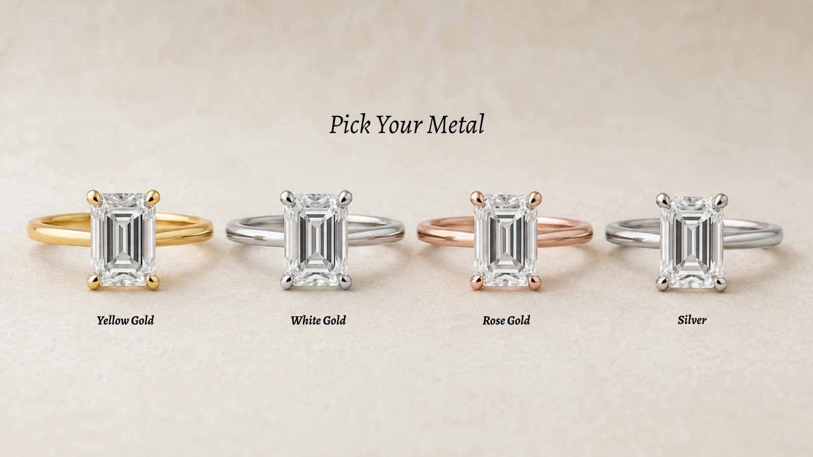 Pick your metal for engagement rings in yellow gold, white gold, rose gold, and silver