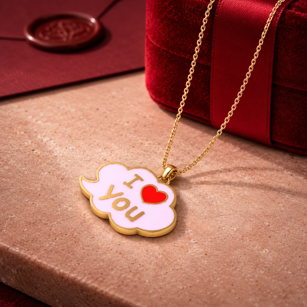 Soft pink enamel cloud-shaped gold plated necklace charm featuring an "I Love You" message and a red heart