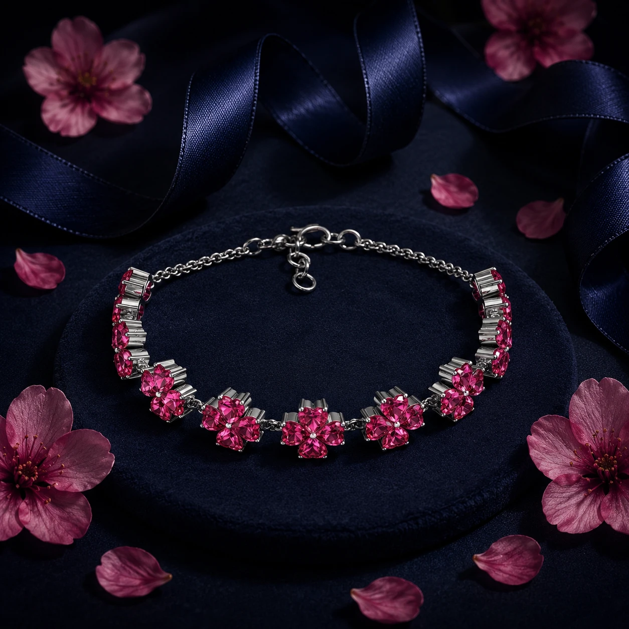A silver chain bracelet featuring four-leaf clover designs made of bright pink rubies.