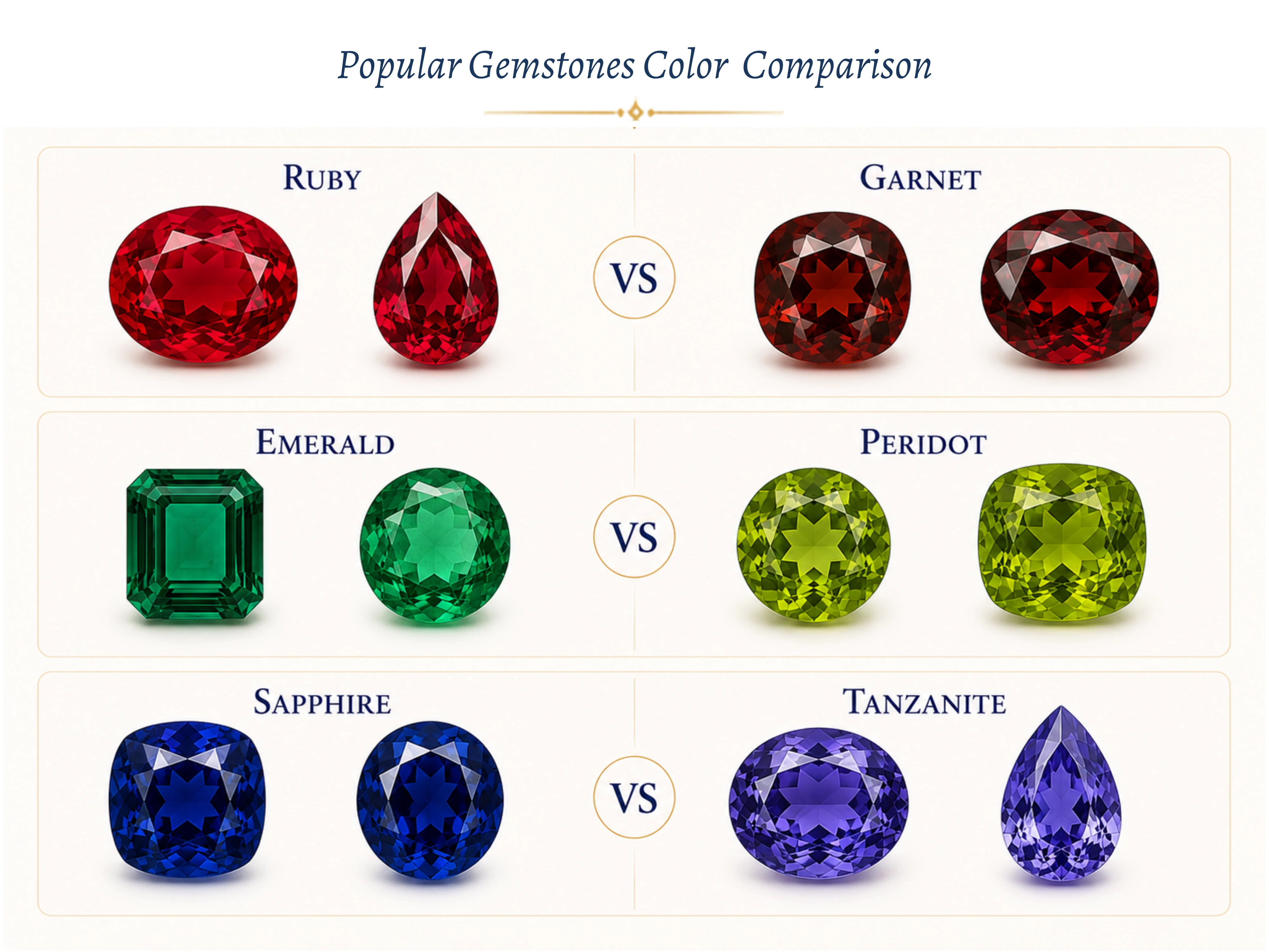 Ruby, garnet, emerald, peridot, sapphire, and tanzanite gemstone color comparison
