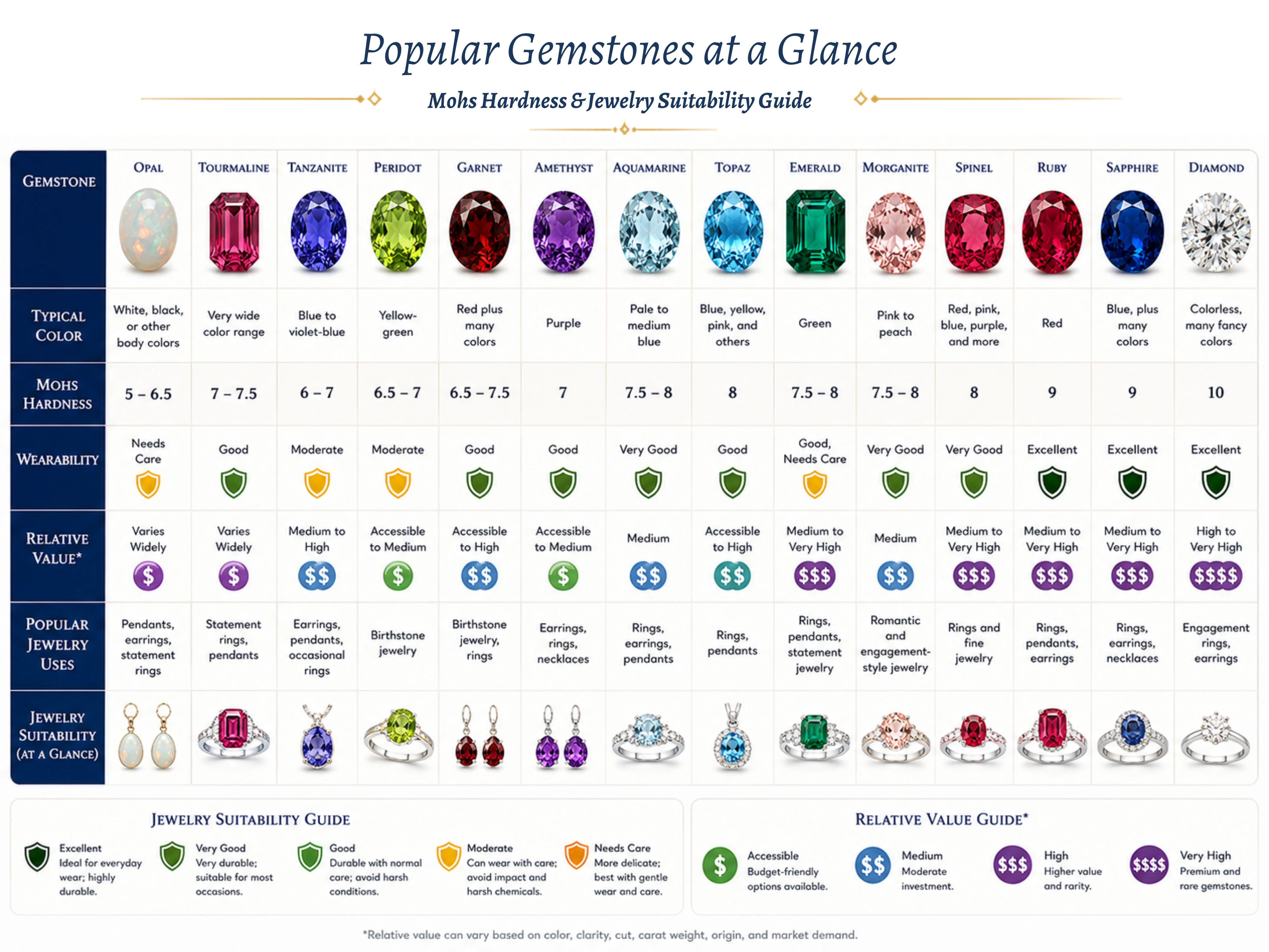 Gemstone hardness comparison chart showing Mohs ratings for popular jewelry stones