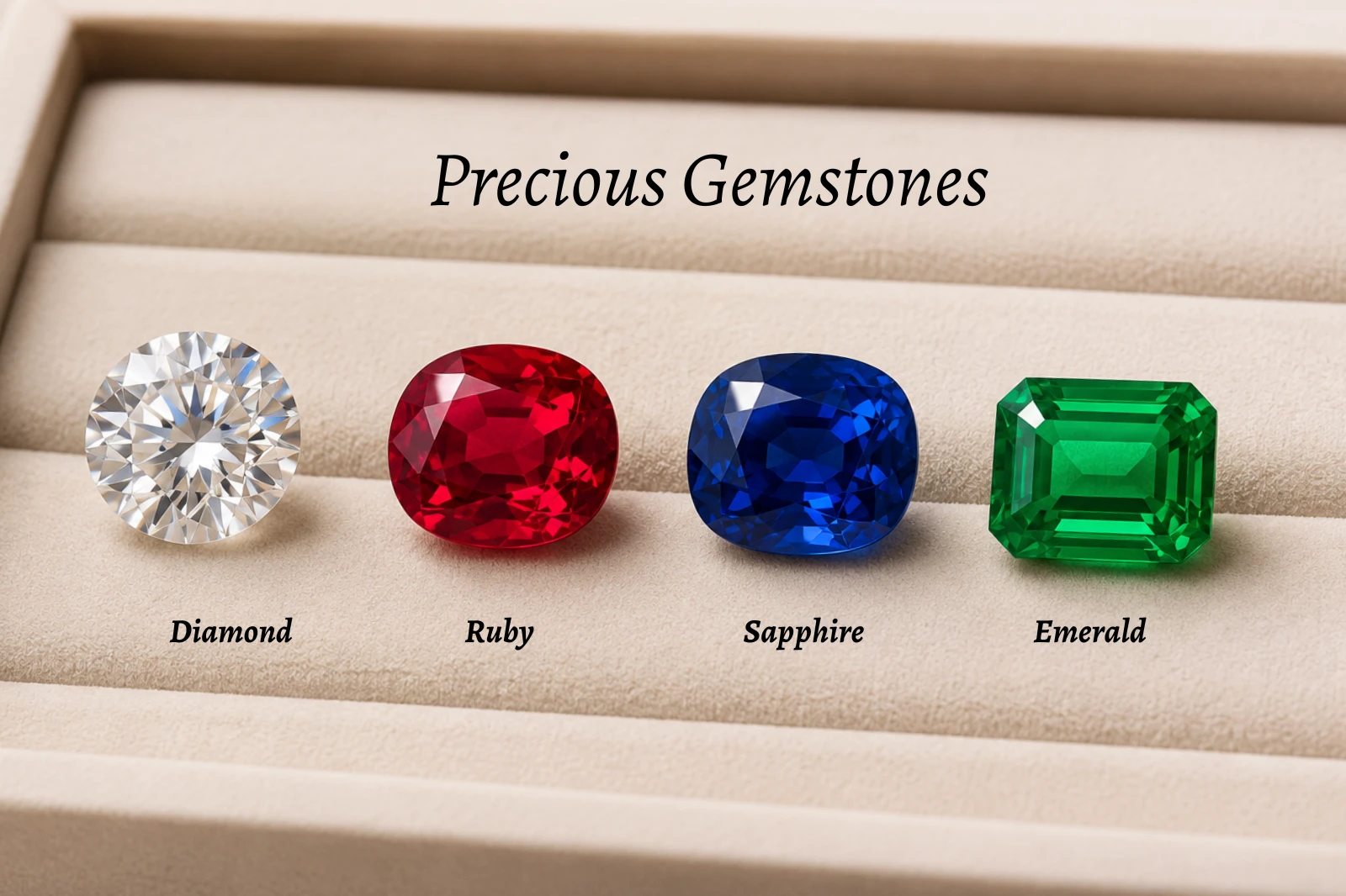 Precious gemstones including diamond ruby, sapphire and emerald