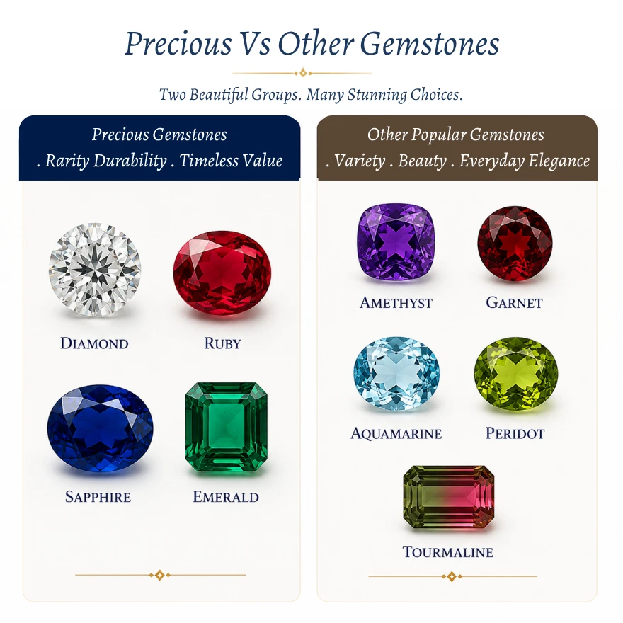Precious and traditionally semi-precious gemstones displayed side by side for comparison
