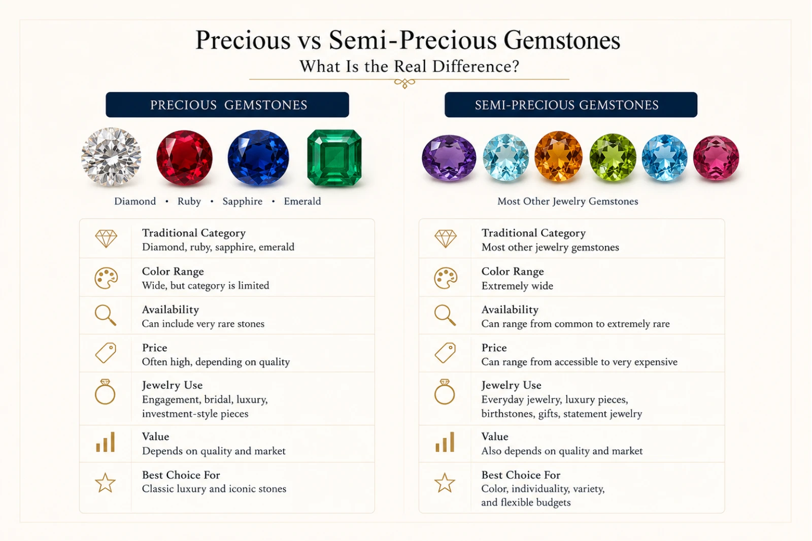 Precious vs semi-precious gemstones comparison for jewelry buyers