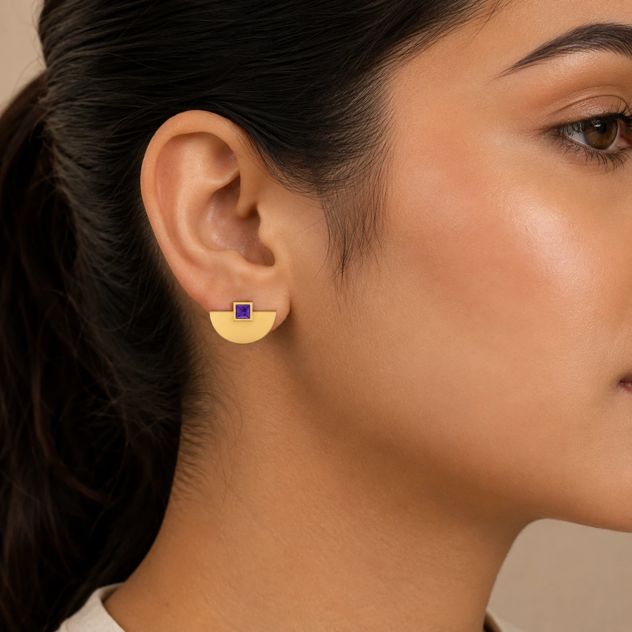 Gold Filled Princess-Cut Amethyst Art Deco Studs Earrings