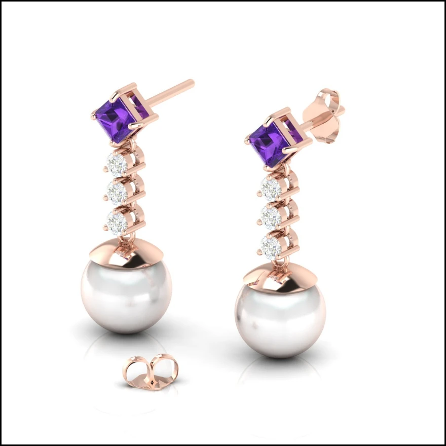 Princess cut purple amethyst studs with a drop line of round diamonds and white pearl drops in rose gold plating