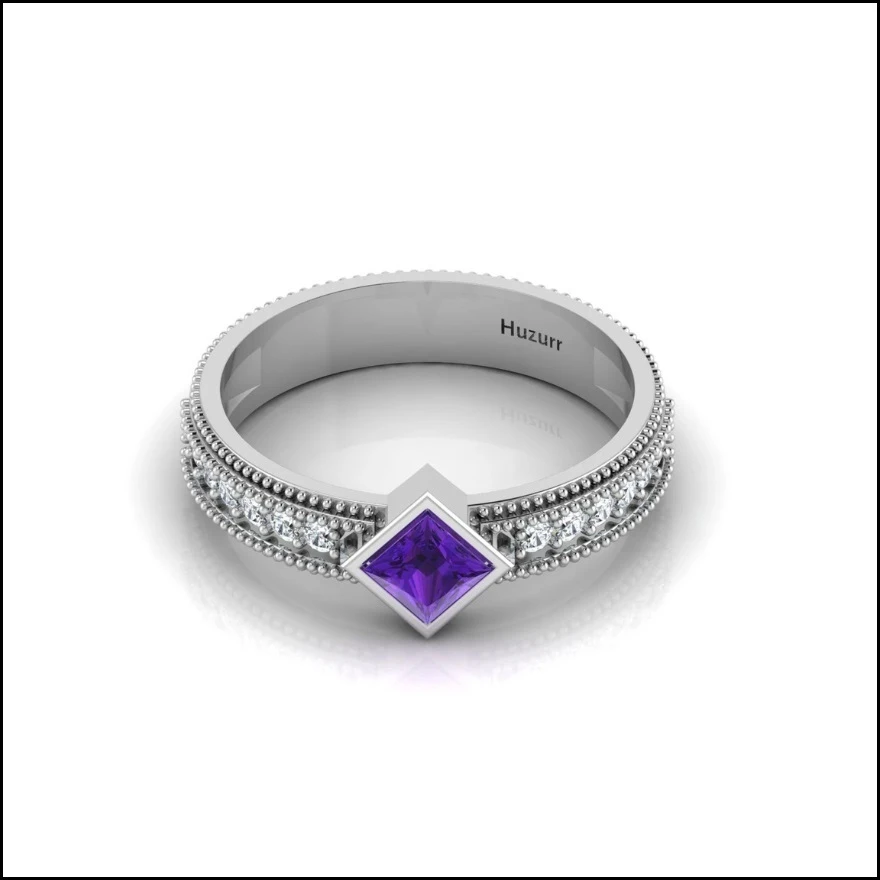 Princess cut purple amethyst ring in sterling silver with milgrain borders and small diamond stones on the band