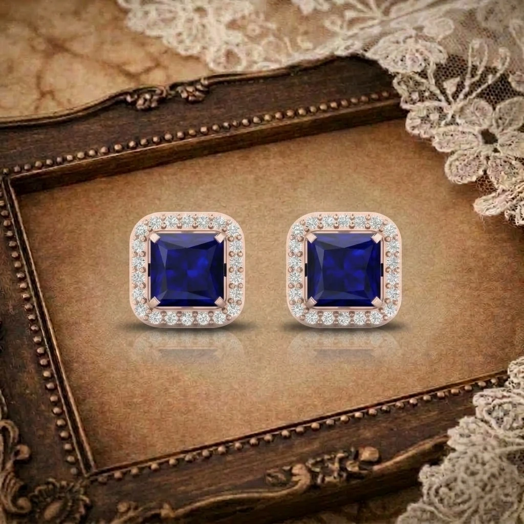 Princess cut blue sapphire stud earrings with a square diamond halo border in rose gold plated metal