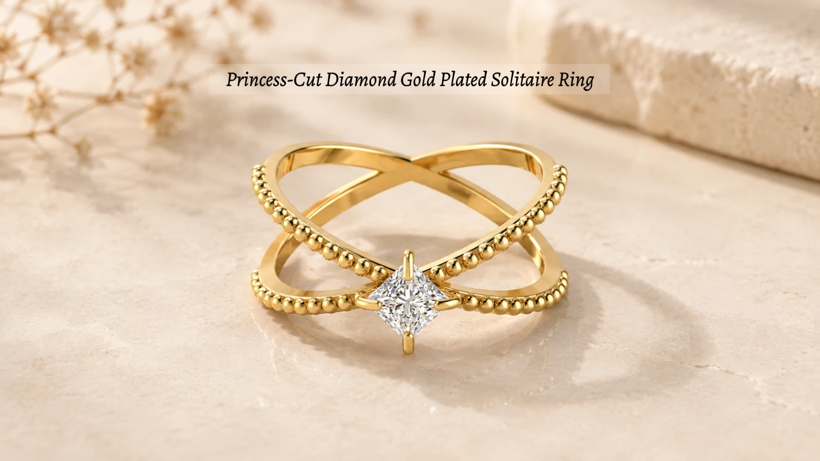 Princess-Cut Diamond Gold Plated Solitaire Ring
