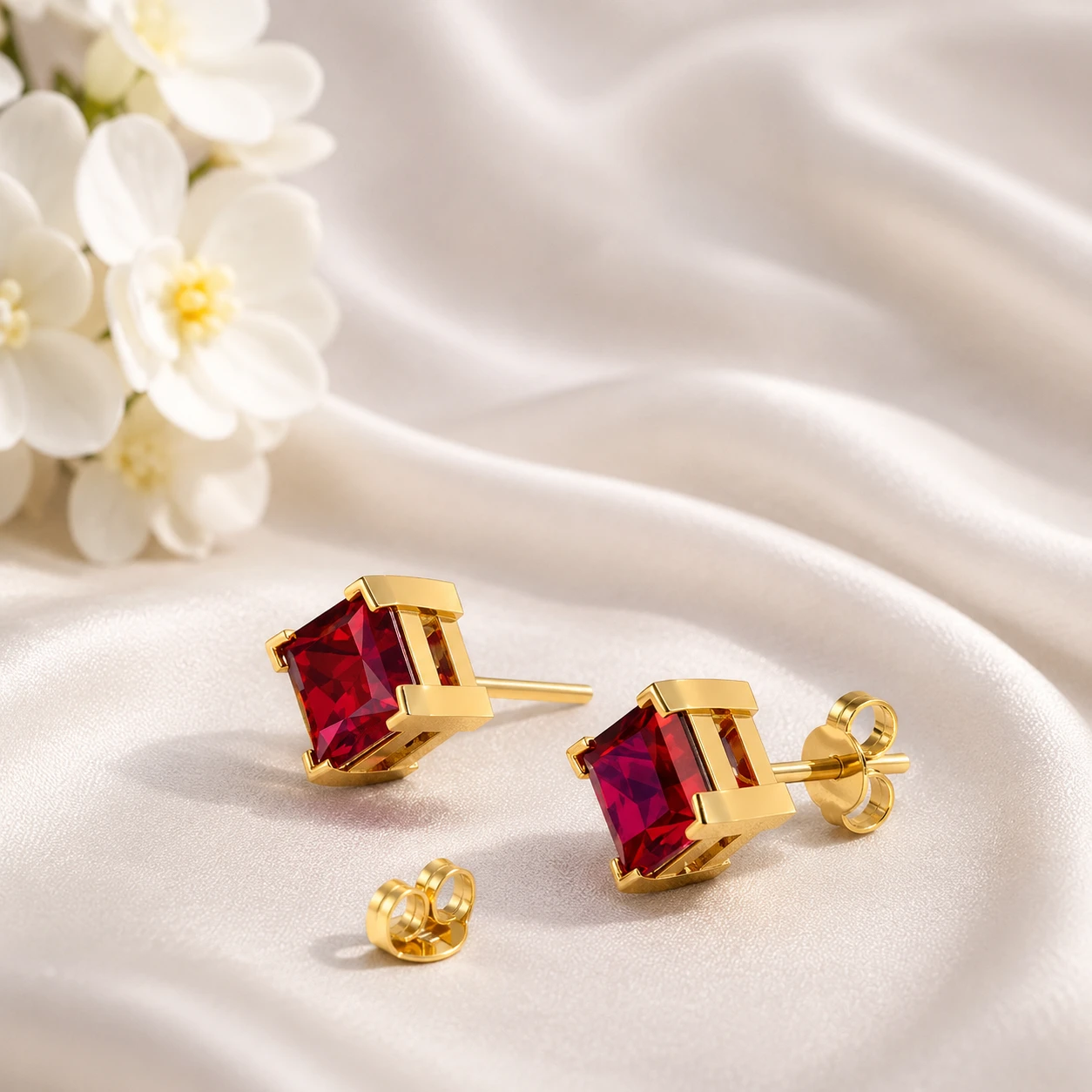 Princess-Cut Garnet Solitaire Studs