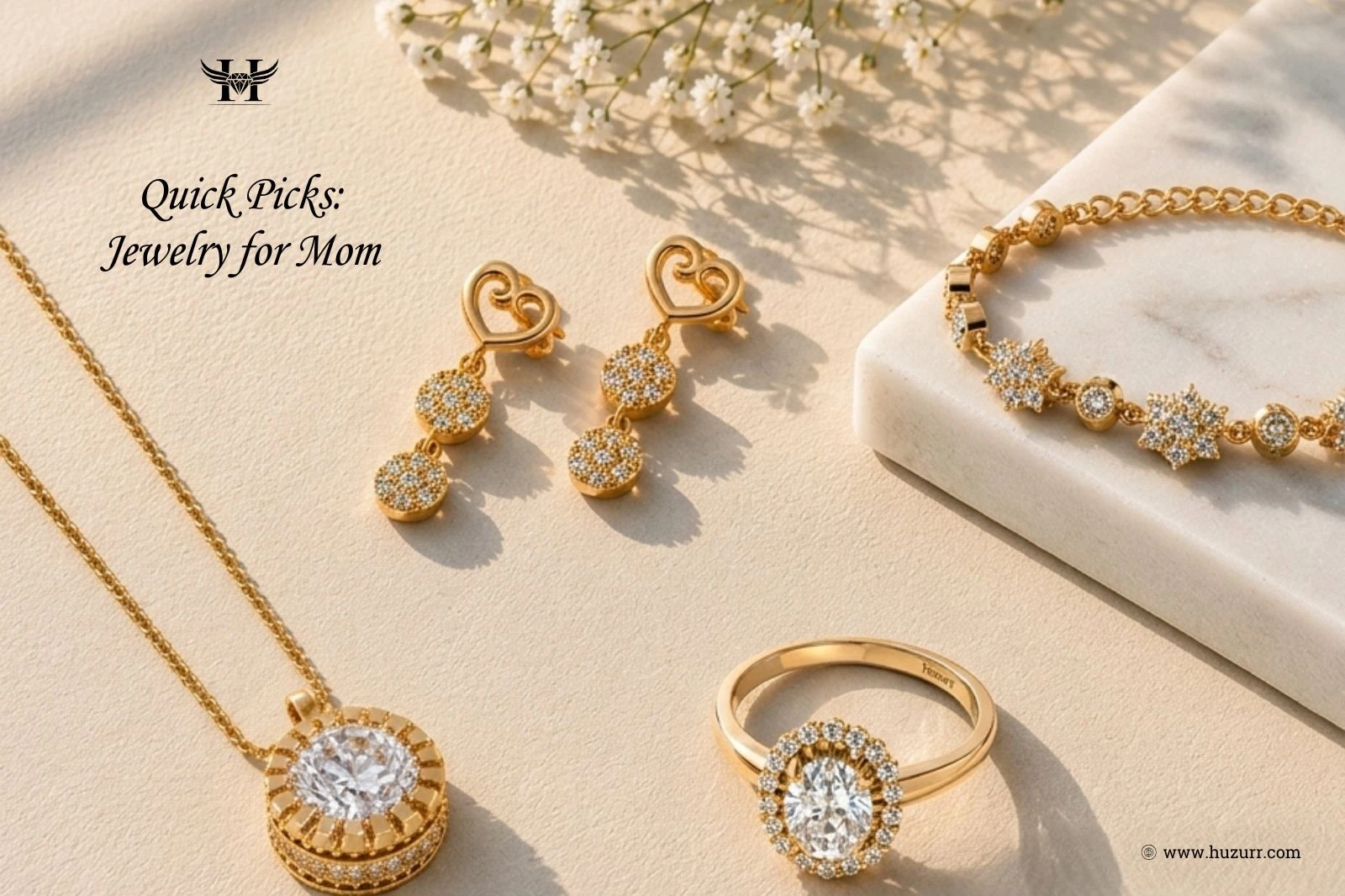 Gold plated jewelry set with a diamond solitaire pendant, heart drop earrings, a snowflake bracelet, and a halo ring for mom.