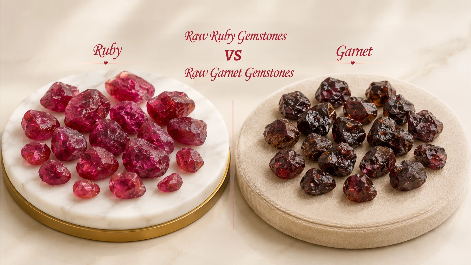 Side-by-side raw gemstone comparison of ruby or garnet