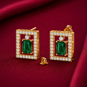 Rectangle Emerald Gold Plated Diamond Stud Earrings