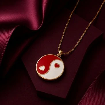 Red And White Enamel Gold Plated Yin Yang Feng Shui Pendant