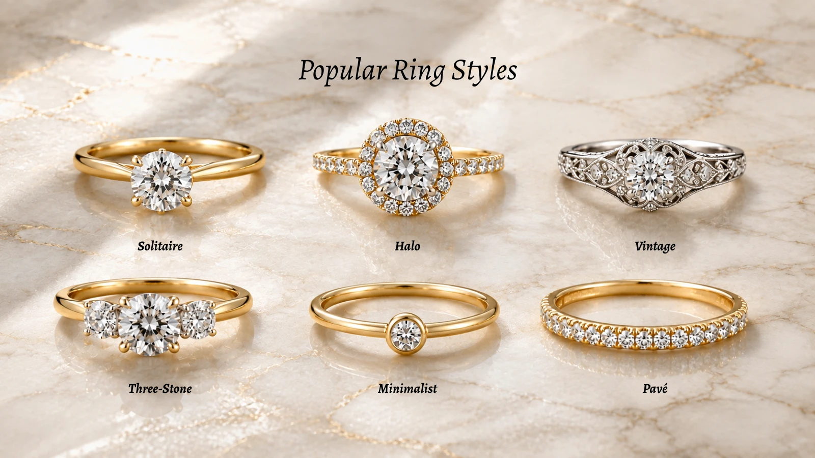 Popular Ring Styles Solitaire Halo Vintage Three-Stone Minimalist Pavé