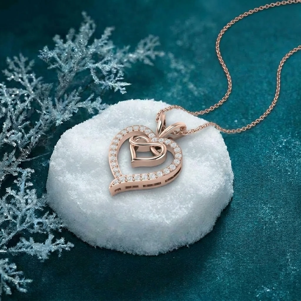 Rose gold plated infinity heart pendant necklace with a sparkling diamond halo and snowfall shimmer