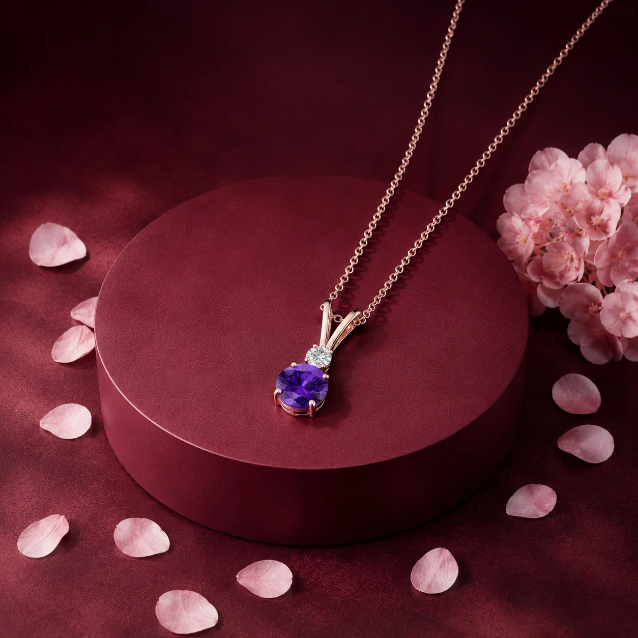 V bale drop pendant featuring a round amethyst and diamond solitaire in rose gold plating