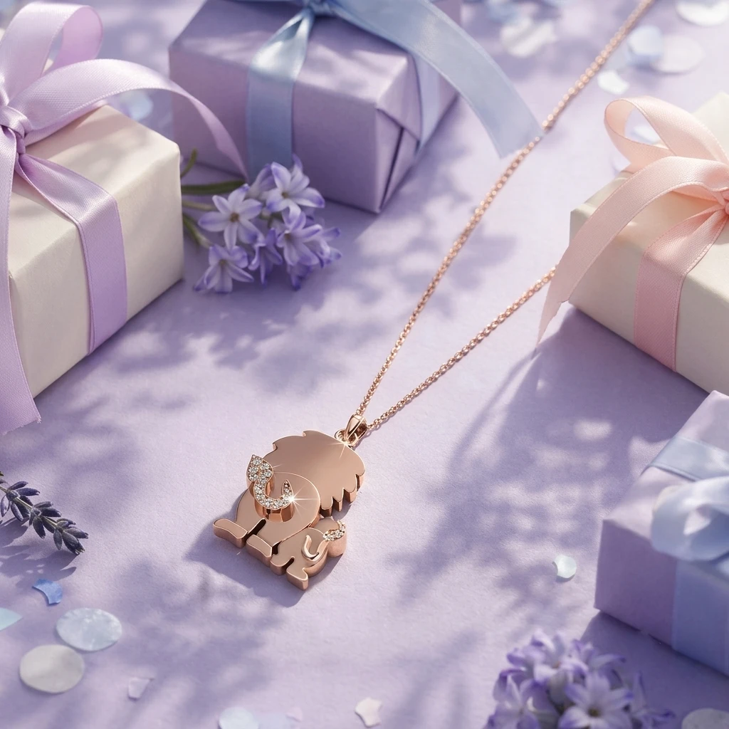 Diamond rose gold-plated pendant featuring a lion family with a mother lion cuddling her cub