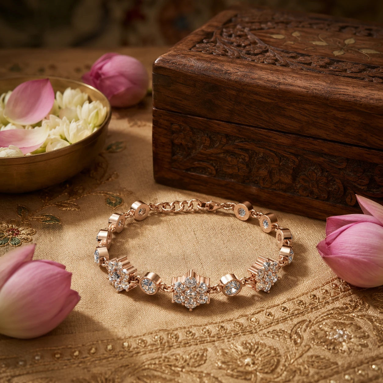 Rose gold plated heirloom bracelet featuring sparkling diamond snowflake cluster links