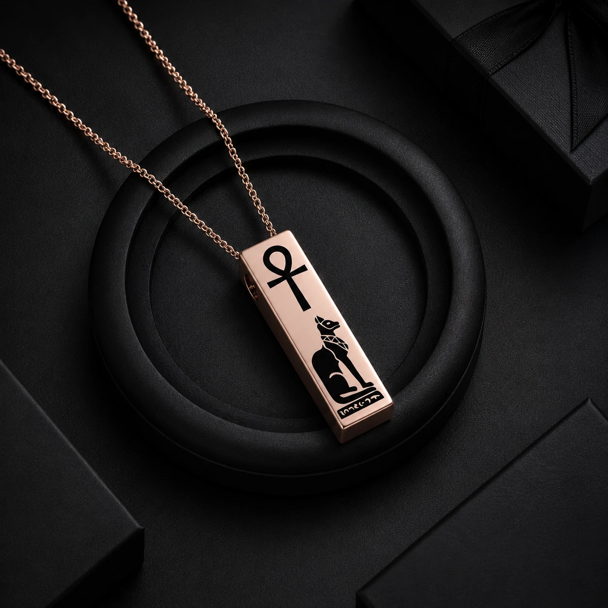 Vertically hanging rose gold plated bar necklace featuring an engraved black enamel Egyptian Bastet cat and Ankh symbol