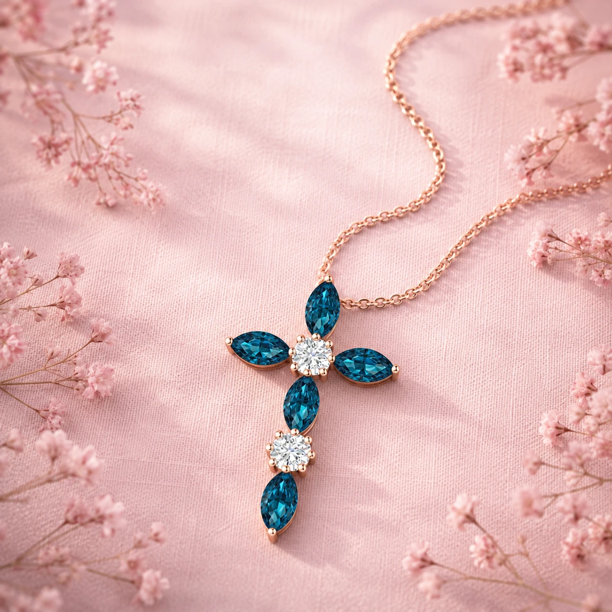 London blue topaz marquise cut cross pendant with diamond with chain on a rose gold plating