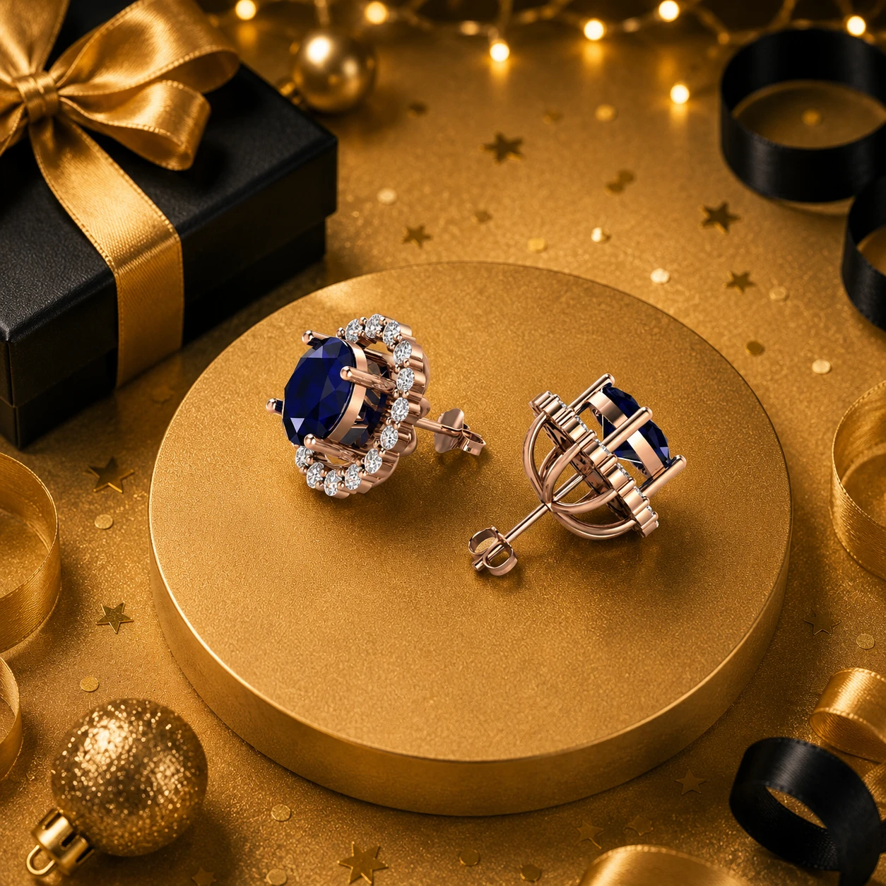 Oval cut rich blue sapphire gemstones enclosed by a delicate halo of round diamonds on rose gold plated post backings