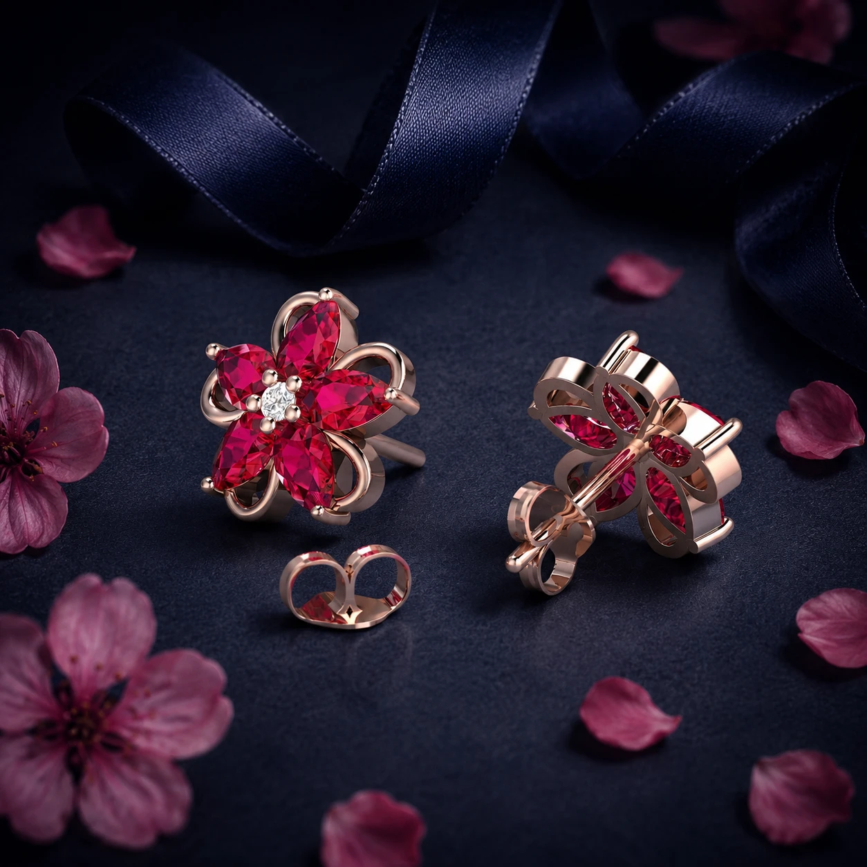 Rose gold-plated sakura stud stud earrings, featuring pink pear-shaped ruby ​​stones set like petals around a central diamond.