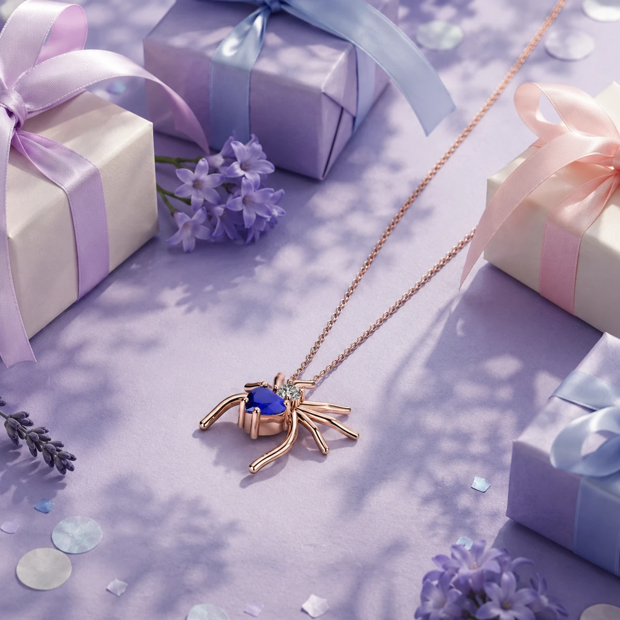 Playful rose gold-plated spider necklace centering a heart-shaped deep blue sapphire gemstone