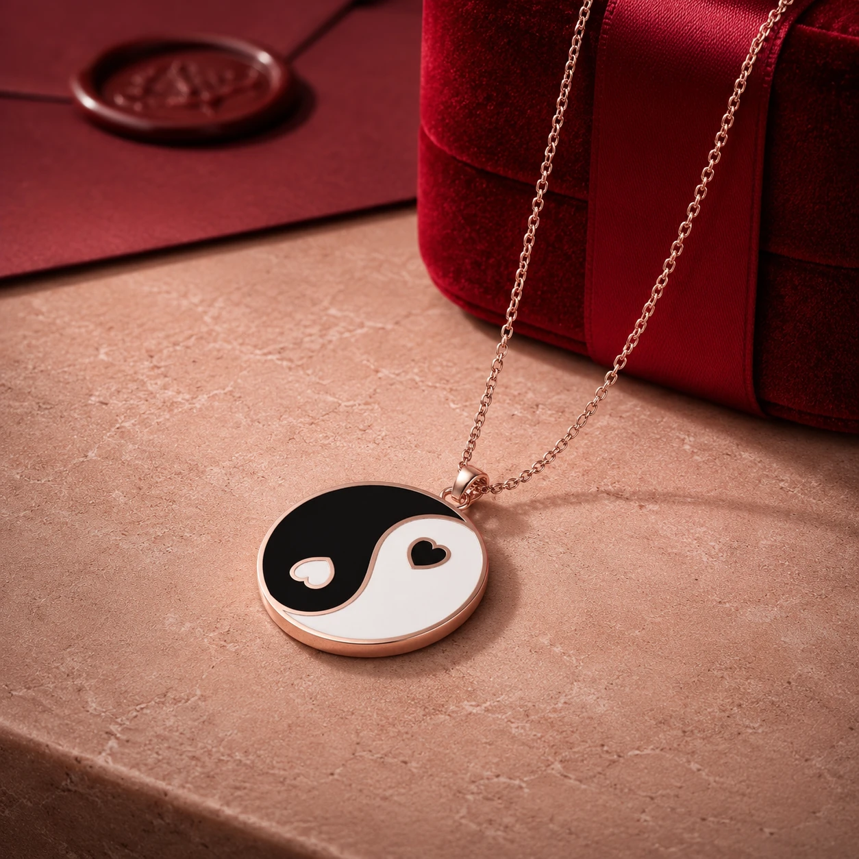 Yin yang medallion necklace showing black and white enamel sections with small heart cutouts in rose gold plating