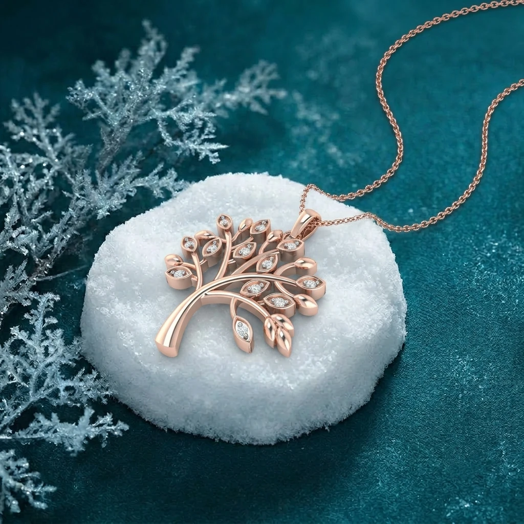 Rose gold plated Tree of Life pendant necklace with diamond accents for Christmas gifting