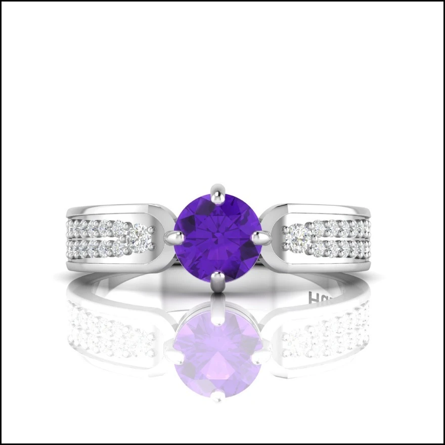 Round amethyst engagement ring in sterling silver with double rows of small diamond on a wide split band