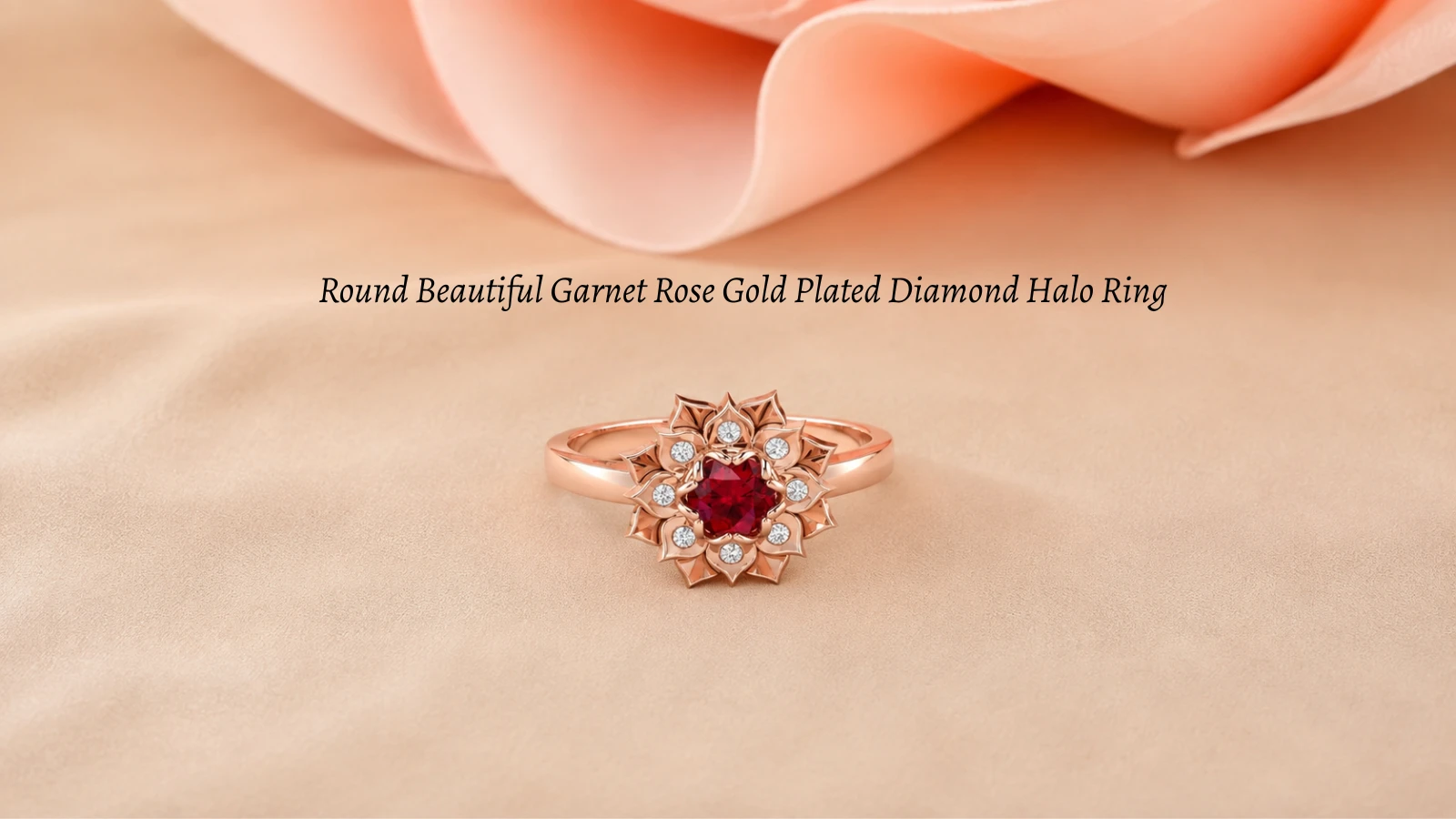Round beautiful garnet rose gold plated diamond halo ring
