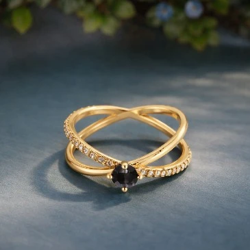 Round Black Diamond Criss Cross Solitaire Ring