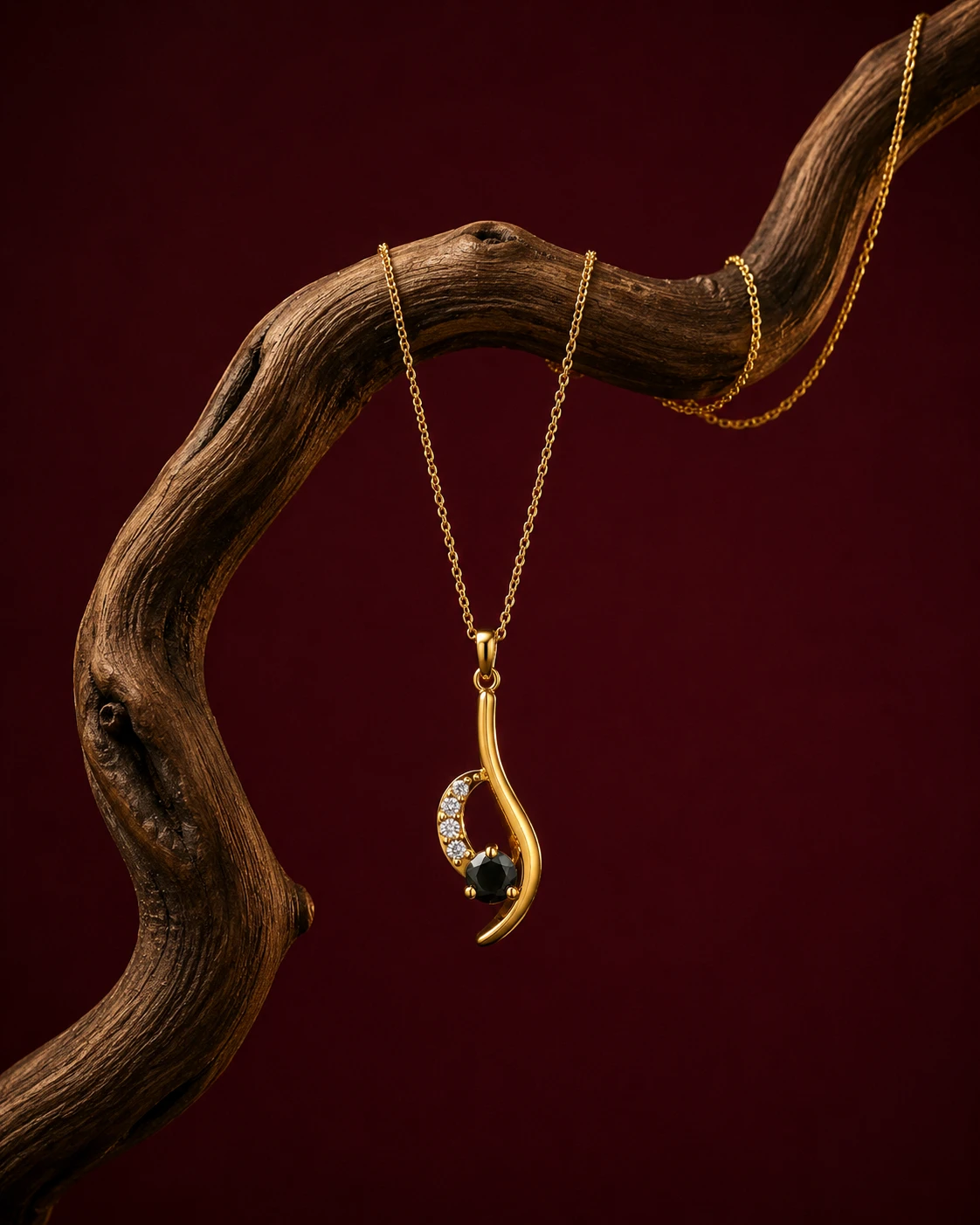 Round Black Diamond Curved Gold Plated Pendant