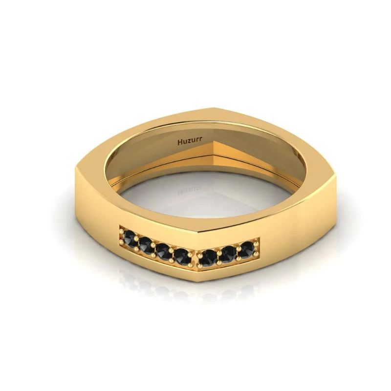 Geometric yellow gold square band ring featuring channel set round black diamonds