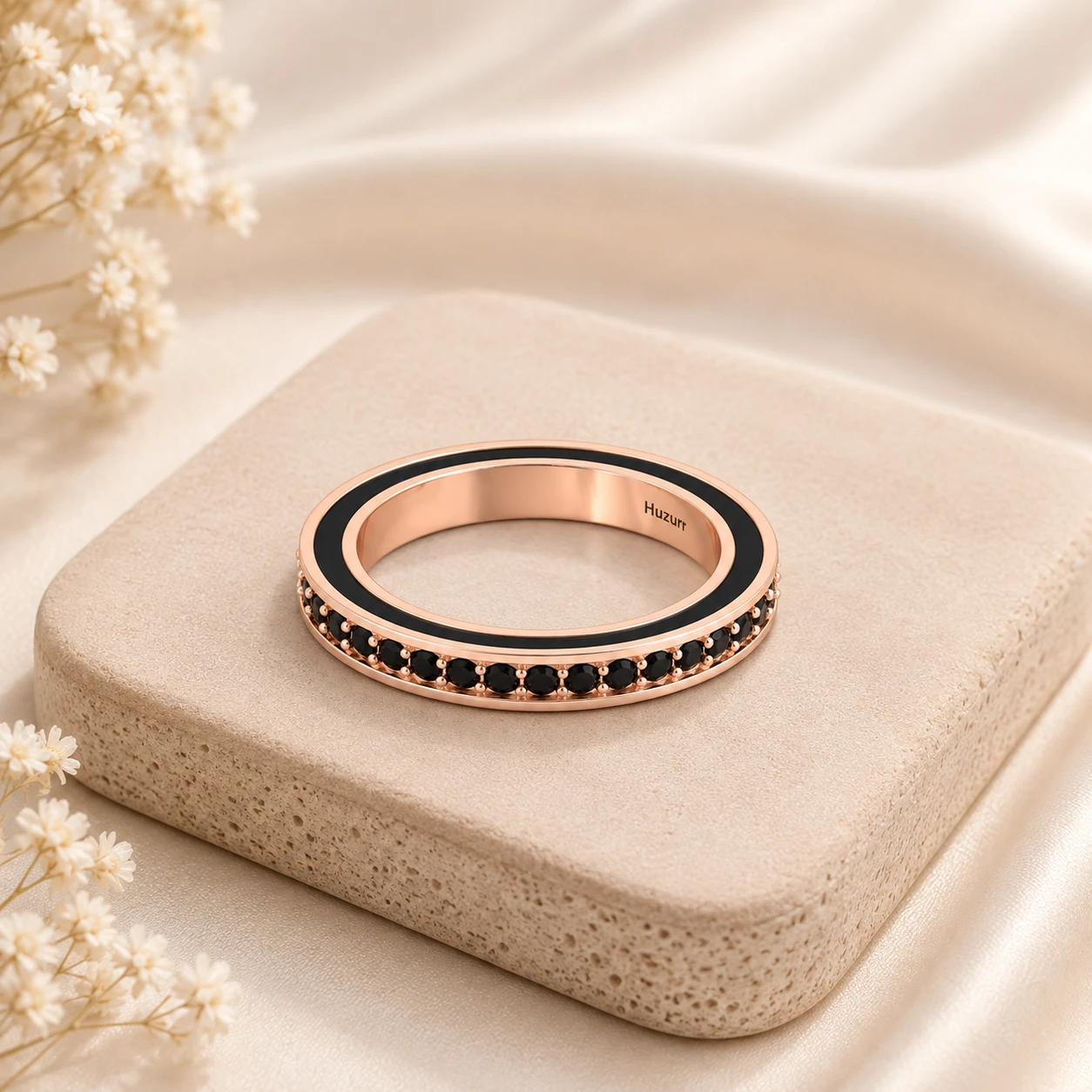 Prong set round black diamond eternity wedding band in rose gold